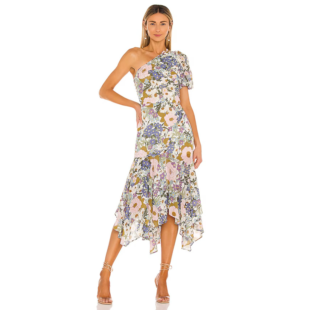 ASTR the Label Santorini Floral One-Shoulder Midi Dress Off White Retro Floral M